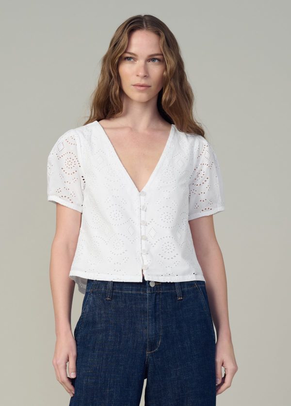 THE HALLE SHORT SLEEVE EYELET BLOUSE